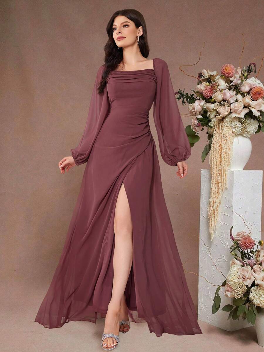 Long Sleeve Chiffon Dress With Pleats, Slits, Open Back And Waist Tie, Bridesmaid Dress, Bride Dress, Birthday Women Outfits, Graduation Dress, Formal Dress