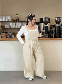 SHEIN EZwear 大码女式口袋阔腿宽松休闲牛仔连体裤 - 杏色 - 查看 5