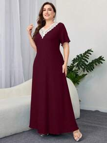 Al Najma Plus Size Women Textured Fabric Short Sleeve Lace Trim Long Arabian Dress - Burgundy - View 5