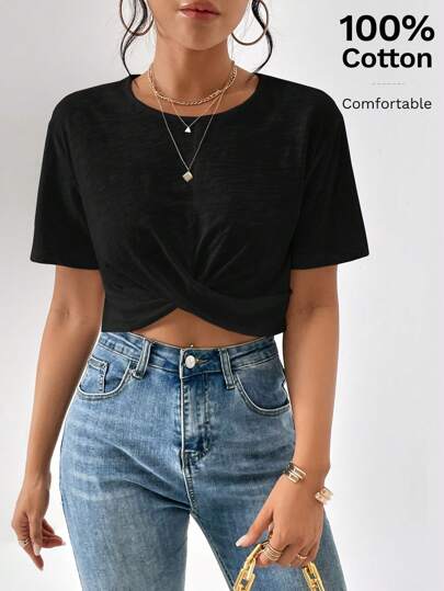 SHEIN Essnce Twist Front Crop Tee