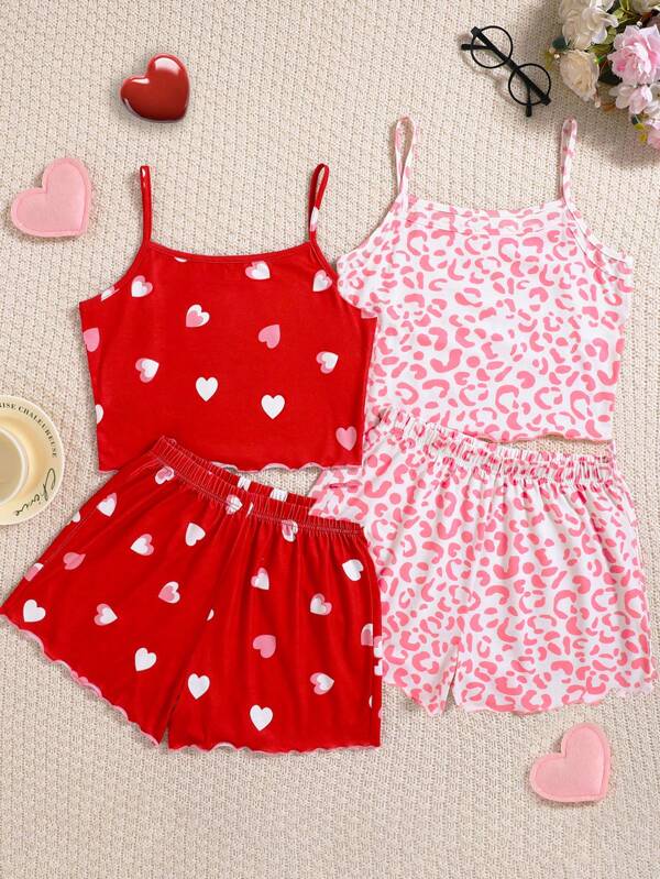 SHEIN 4pcs/Set Teen Girl Heart & Animal Print Camisole Top With Wave Hem & Shorts Casual Comfortable Fireproof Pajama Set, Suitable For Valentine's Day