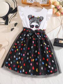 1pc Girls Colorful Heart & Cute Girl Portrait Print Cap Sleeve Mesh Dress, Teens - Multicolor - View 1