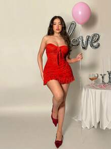 Firerie Women's Red Floral Pleated Strapless Backless Mini Dress, Valentine's Day/Concert/Performance Costume
