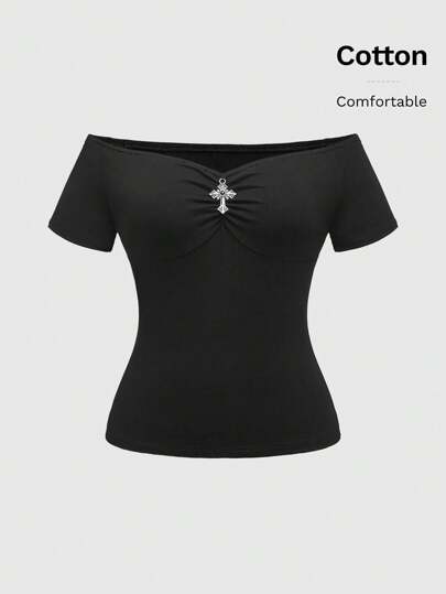 Women Gothic Solid Color Cross Decorated Off Shoulder Bodycon Top With Waist Cincher