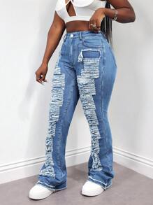 SHEIN Slayr Women's Side Pocket Flared Distressed Denim Jeans