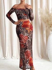 SHEIN Clasi Elegant Women's Leopard Print Flower Print Pleated See Through Mesh Knitted Top And Hip Hugging Straight Leg Skirt, Suitable For Wearing In Various Occasions