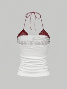 ROMWE Conjunto de 2 piezas: Top halter de estampado vintage de cerezas y contraste floral punk con encaje