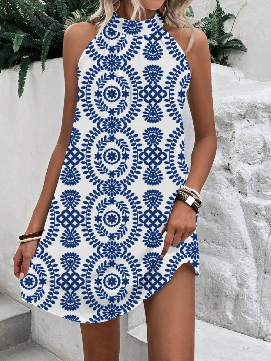 SHEIN LUNE Vestido con escote halter, corte evasé y estampado floral - Azul - Ver 1