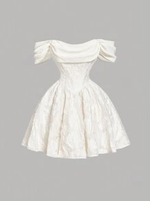 SHEIN MOD Women's Apricot Textured Open Shoulder Short Dress, Casual Summer Date Dress,Graduation Dress,Summer Clothes, Puffy Dress. Reception Dress For Bride,White Graduation Dress