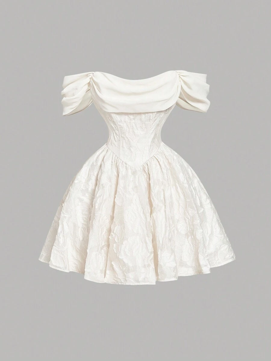 SHEIN MOD Women's Apricot Textured Open Shoulder Short Dress, Casual Summer Date Dress,Graduation Dress,Summer Clothes, Puffy Dress. Reception Dress For Bride,White Graduation Dress