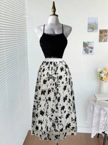 SHEIN LUNE Plus Size Women Elegant Black & White Net Yarn Pleated Casual Midi Skirt Fall Cloth For Women - Black and White - View 2