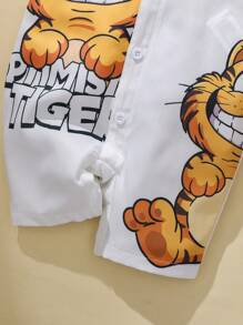 SHEIN Barboteuse à manches courtes, imprimé tigre mignon, col cranté, pour garçons bébés, idéal pour le port quotidien, les activités extérieures, le printemps/l'été