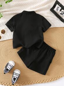 SHEIN 2 件套男婴/女婴刺绣领短袖半襟上衣和松紧腰短裤套装 - 黑色 - 查看 2