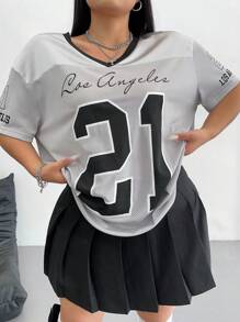 POPSWAY Camiseta casual de mujer de talla grande con estampado de letras y números, cuello en V, para el verano