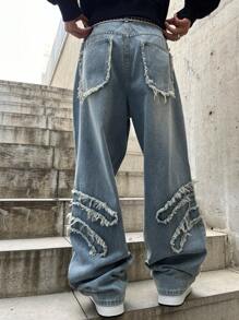 Manfinity EMRG Jeans casuales de pierna ancha con bolsillo remendado y deshilachado para hombres