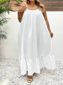 SHEIN CURVE+ Solid Color Plus Size Tank Top Swing Dress,Long Vacation Dress, Wedding Anniversary, White Dress, Long White Dress Boho Vacation