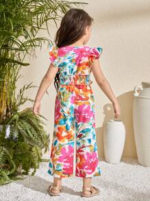 Set de 2 piezas: Blusa con volantes con estampado floral diminuto tejido y pantalón ancho suelto con el mismo estampado floral diminuto tejido para niñas jóvenes