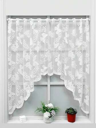 1pc White Butterfly & Floral Lace Small Window Curtain, American Style Translucent Short Valance, Suitable For Living Room, Bedroom Window & Door Decor,Fall Decor,Autumn Decor,Room Decor