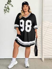 SHEIN CURVE+ Plus Size Summer Letter Print T-Shirt Dress, Sports/Event Outfit