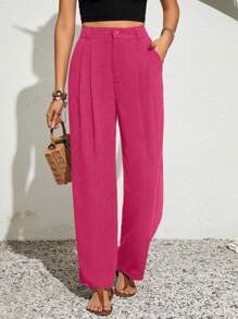 SHEIN VCAY Plus Size Women Plain Pocketed Pleated Wide Leg Casual Pants