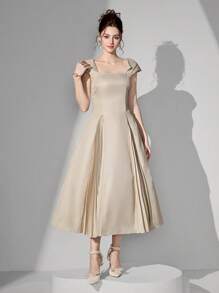 Poshira Women Elegant Solid Color Square Neck Pleated Hem Formal Evening Gown, Vintage Dress,Women Spring And Summer Fashion Party Party Date Holiday Wedding Celebrity Dress Dress, Fashionable Waist And Large Dress, Wedding Guest Dress, Prom Dress