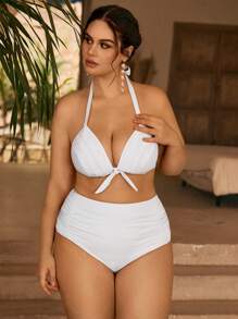 SHEIN Swim Curve Plus Size Women Bowknot Tie Front Ruched Waist Holiday Party Swimwear Set, For Summer Beach Vacation - White - View 3