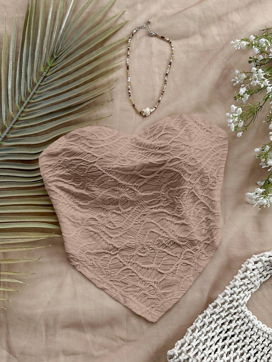 Soleia 女士不对称下摆休闲度假纹理抹胸上衣 - 咖啡棕 - 查看 1