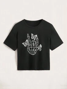 ROMWE T-shirt casual a maniche corte con stampa di teschi e farfalle, estiva