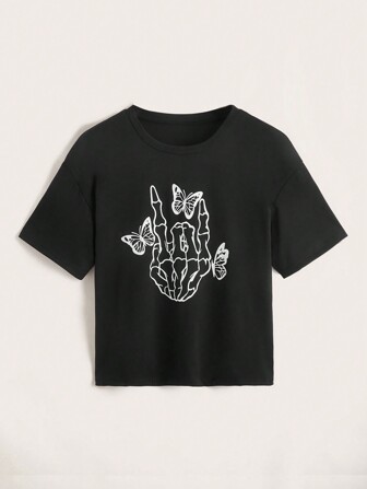 Lässiges T-Shirt mit Totenkopf- und Schmetterlings-Muster, Kurzarm, Sommer