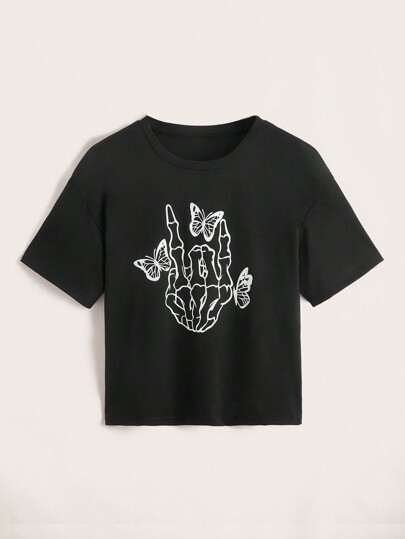 T-shirt casual a maniche corte con stampa di teschi e farfalle, estiva