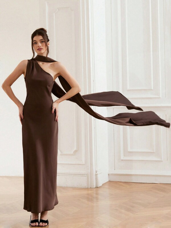 Aveloria Rosie High-End Minimalist Vintage Coin Design Satin Wrap Around Collar Sleeveless Diagonal Shoulder Long Dress, Spring/Summer , Brown Elegant FashionableOld Money Style Fall Cloth For Women