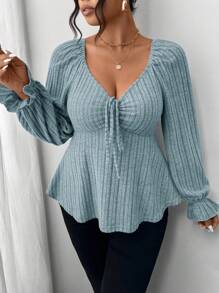 SHEIN Frenchy Plus Size Autumn Casual Long-Sleeved Women's Clothing, Tie On The Chest, Soft And Comfortable Fabric, Beautiful T-Shirt For Home And Outing ,Solid Color Heart-Shaped Collar Ruffle Hem Long Sleeve T-Shirt - Blue - View 5