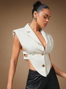 Hauture Summer Women, Women, Solid Color Lapel Neck Asymmetrical Hem Perforated Blouse With Side Cutout And Gold Buttons, Women Tops, Sexy Women Tops, Summer Tops, Women Tops, White Top, Office Women. For Date Night, Concerts, Performances, Parties, Clubs - Apricot - View 4