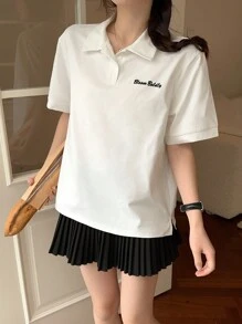 DAZY Camiseta de mujer de manga corta, cuello polo, unicolor, con bordado de letra
