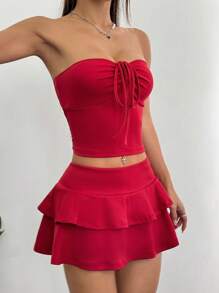 Flirla 2 pezzi set da donna: top corto a fascia e gonna arricciata