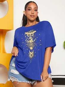 SHEIN CURVE+ Plus Size Round Neck Short Sleeve Printed Simple T-Shirt, Casual Everyday Wear