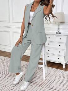 EMERY ROSE Women's Summer Casual Solid Color Vest And Long Pants Suit