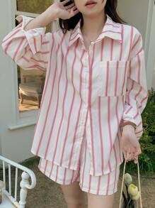 DAZY 2pcs Women Loose Striped Shirt And Shorts Set,Fall Women Clothes Lounge Sets For Women - Pink - View 5