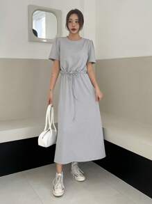 DAZY 2pcs Women's Solid Color Drawstring Cropped T-Shirt & Split Hem Skirt Set - Grey - View 8