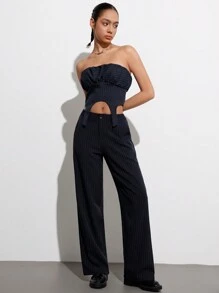 Aveloria Affinna Conjunto de traje de dama con bustier asimétrico a rayas con silueta de globo y pantalón de pierna recta, con estilos punk, romántico, de oficina, Vamp, elegante, sofisticado y de Y2K