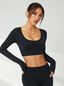 SHEIN Sport Studio Maglietta e top da allenamento aderenti senza schienale, a maniche lunghe/slim fit/crop, in tinta unita, per l'attività fisica