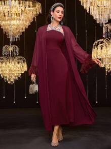 Modelyn 女士长袖简约外套和连衣裙休闲两件套 - 酒紅色 - 查看 2