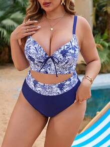 Swim SXY Plus Size Random Print Patchwork Solid Color Wire Free Padded Cup Swimwear Bikini Set, For Summer Beach Vacation - Multicolor - View 4