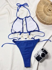 Swim SXY 1pc Women's Textured Fabric Solid Color Cut Out Front Sexy Halter One-Piece Swimsuit, For Summer Beach Vacation - Royal Blue - View 2