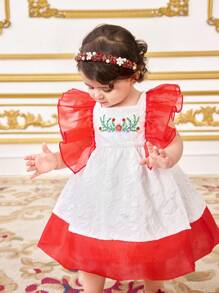 SHEIN Baby Girl Floral Ruffle Trim Colorblock Summer Dress - White - View 4