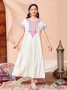 Tween Girl Casual Elegant & Cute Floral Tassel Decor Dress