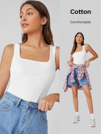 SHEIN BASICS Casual mångsidig fyrkantig linne i massivt linne