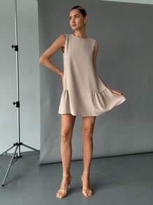 SHEIN Essnce 波西米亚风连衣裙淡蓝色连衣裙亚麻女式条纹圆领无袖休闲迷你连衣裙 - 卡其色 - 查看 3