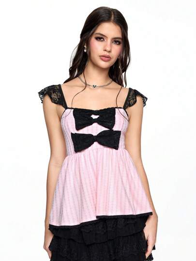 Kawaii Camiseta de tirantes tipo babi con diseño de muñeca vintage romántico para el Día de San Valentín, con contraste de color y encaje