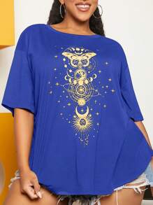 SHEIN CURVE+ Plus Size Round Neck Short Sleeve Printed Simple T-Shirt, Casual Everyday Wear